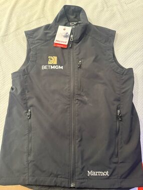 Marmot Black Softshell Vest with Gold and White Logo